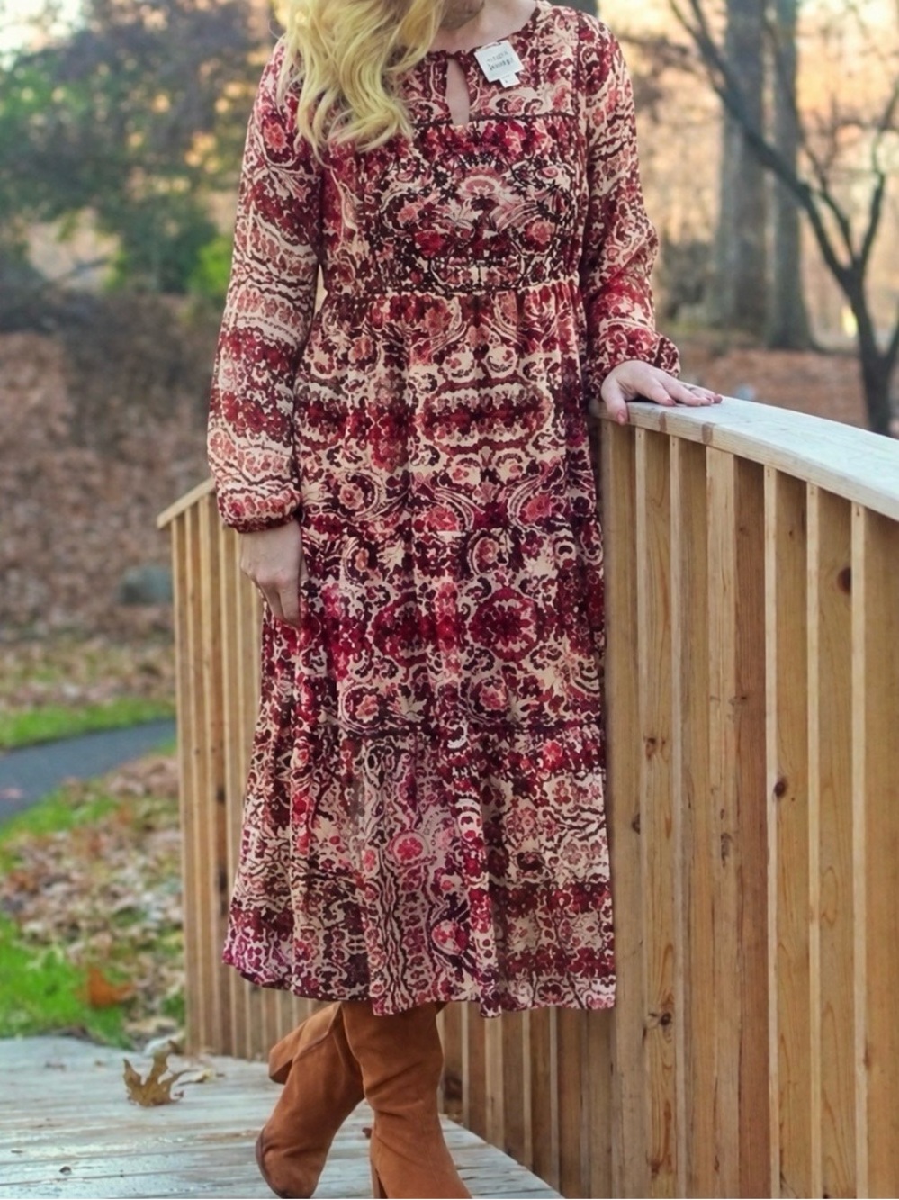 Knox Rose Burgundy Floral Tiered Long Sleeve Midi Dress XS Cottagecore Garden